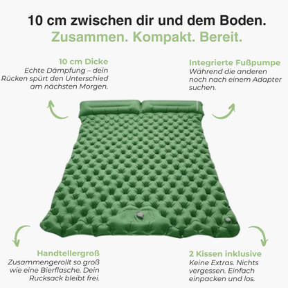 Aufblasbare Doppel-Campingmatte – Strapazierfähig – integriertem Kissen & Fußpumpe
