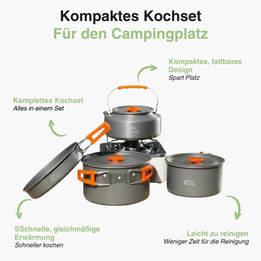 Camping-Kochset – Komplettes 9-teiliges Set – Topf, Wasserkessel & Pfanne