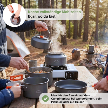 Camping-Kochset – Komplettes 9-teiliges Set – Topf, Wasserkessel & Pfanne