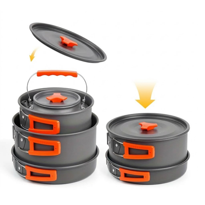 Camping-Kochset – Komplettes 9-teiliges Set – Topf, Wasserkessel & Pfanne