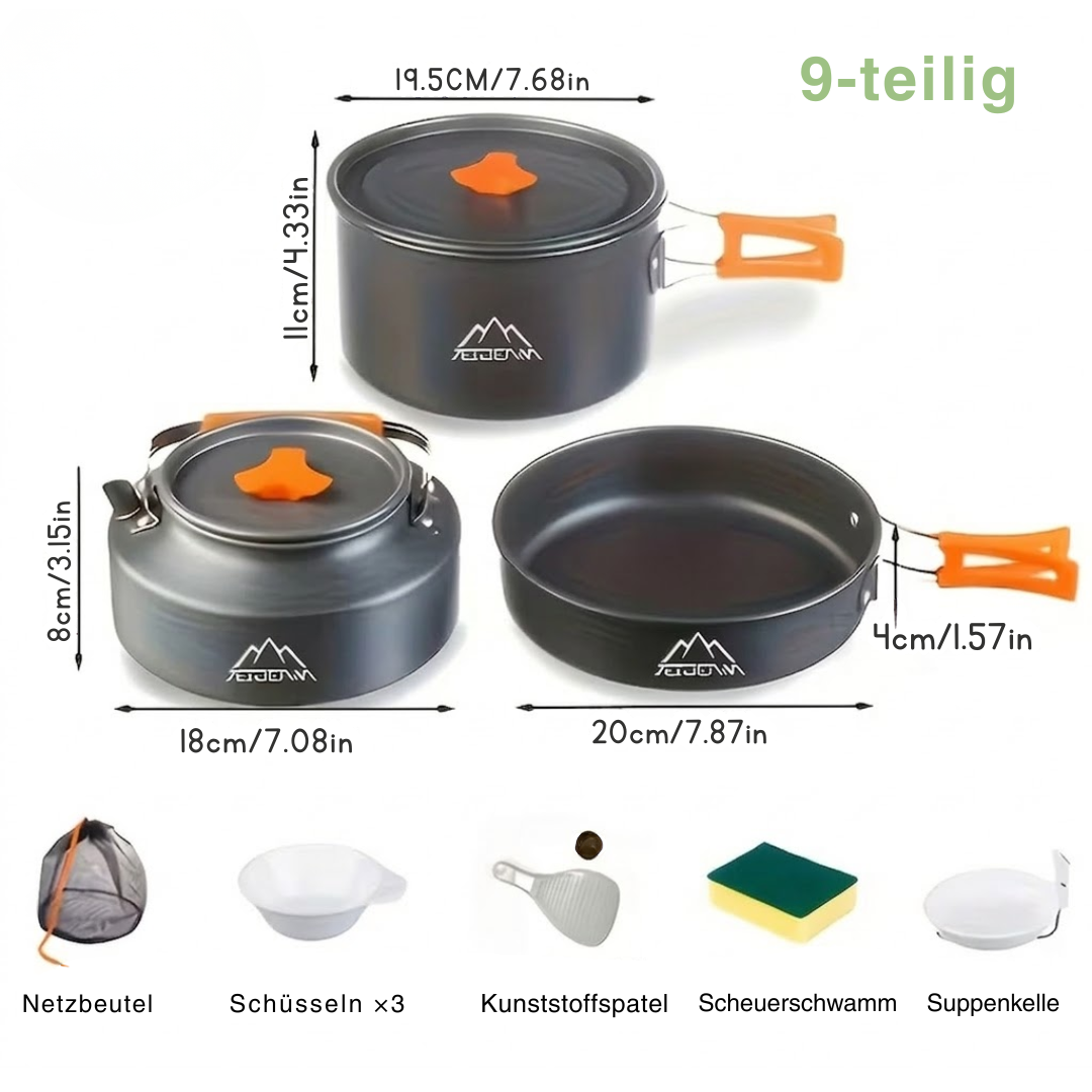 Camping-Kochset – Komplettes 9-teiliges Set – Topf, Wasserkessel & Pfanne